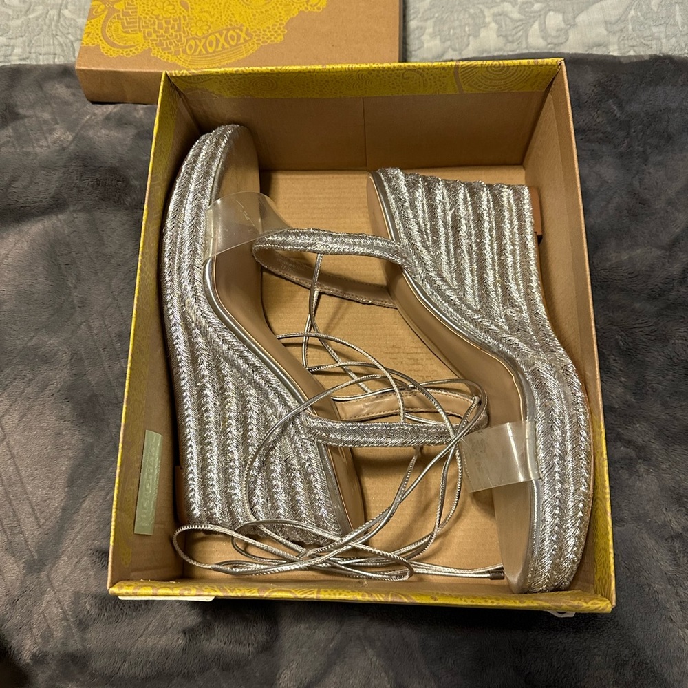 Ladies size 10 silver wedge sandals with straps heel size 3 inches
